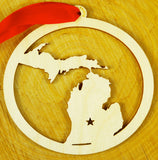Michigan Wood Ornament Red Ribbon