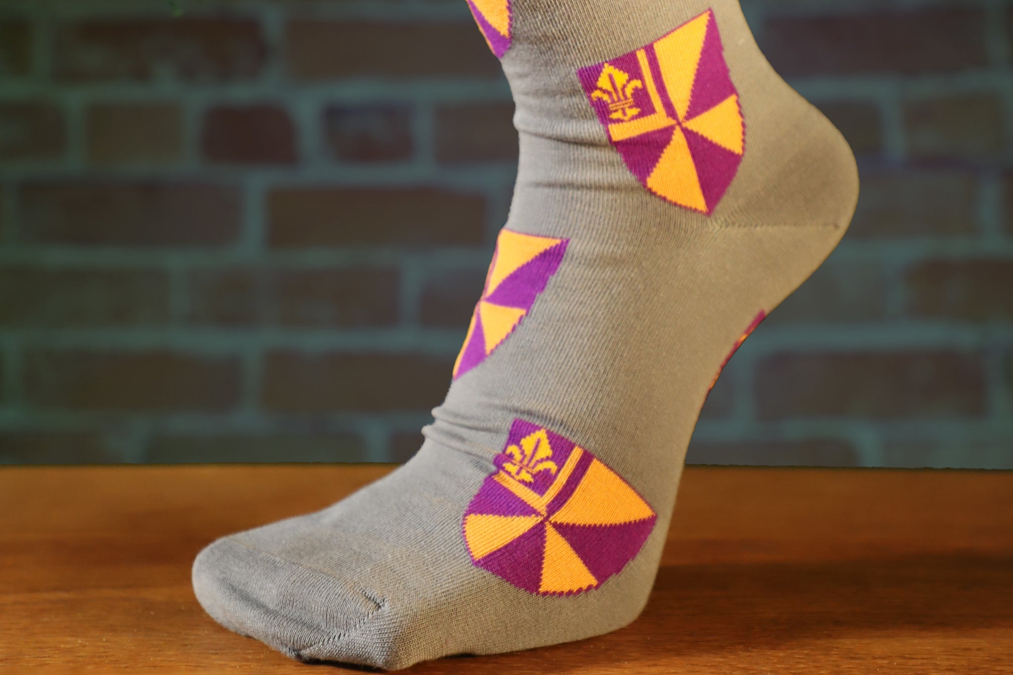 Dress Socks - Unisex Gray with Purple and Gold Shields Dress Socks - Unisex Gray with Purple and Gold Shields